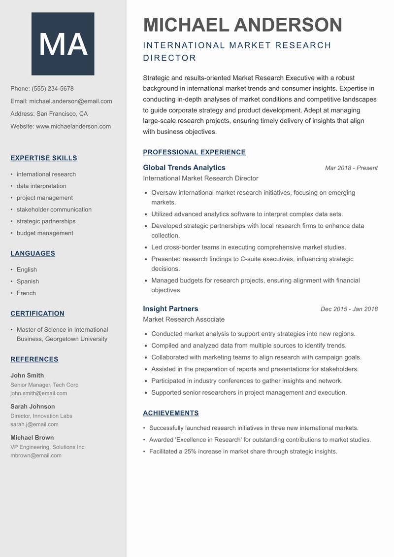 Market Research Executive Resume Preview Example