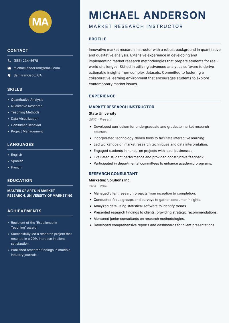 Market Research Instructor Resume Preview Example