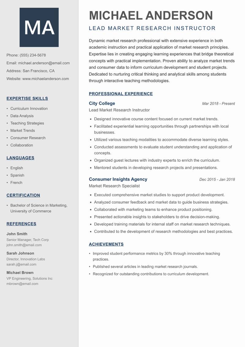 Market Research Instructor Resume Preview Example