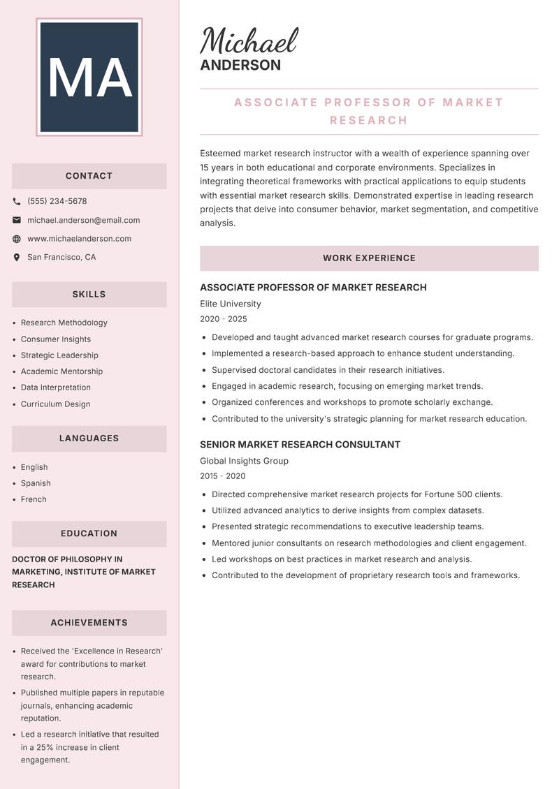 Market Research Instructor Resume Preview Example