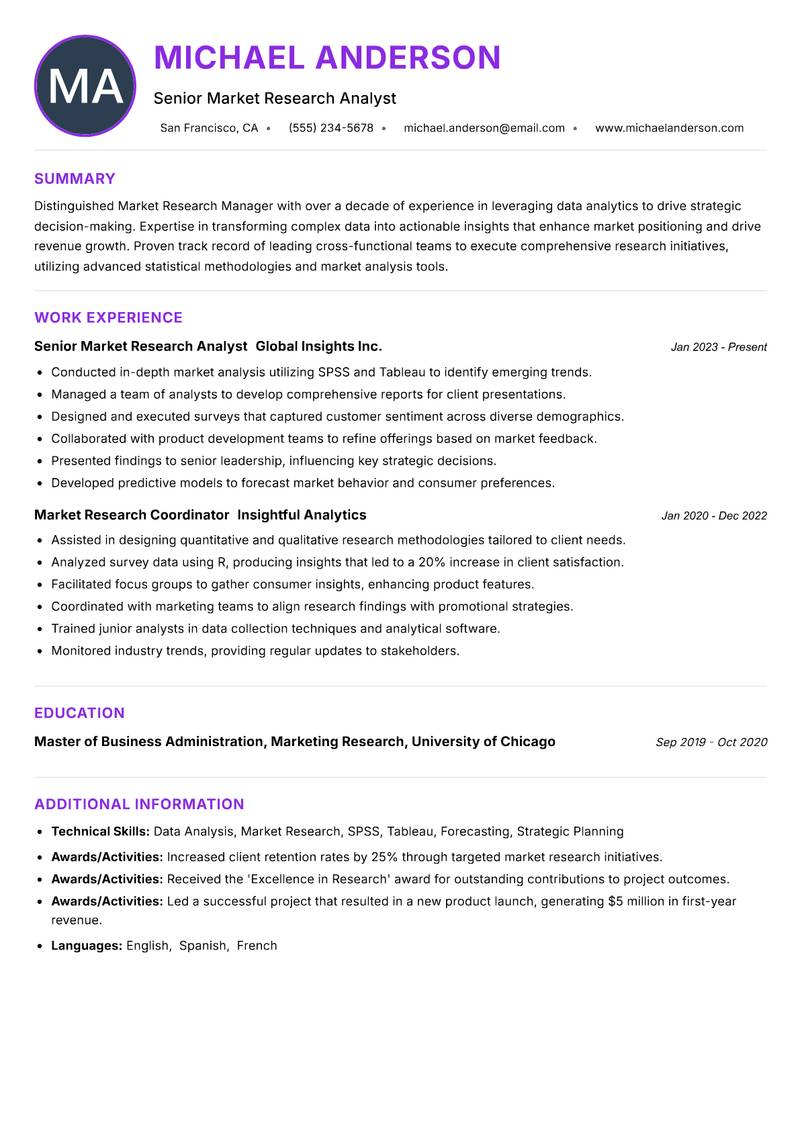 Market Research Manager Resume Preview Example