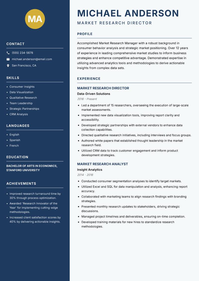 Market Research Manager Resume Preview Example