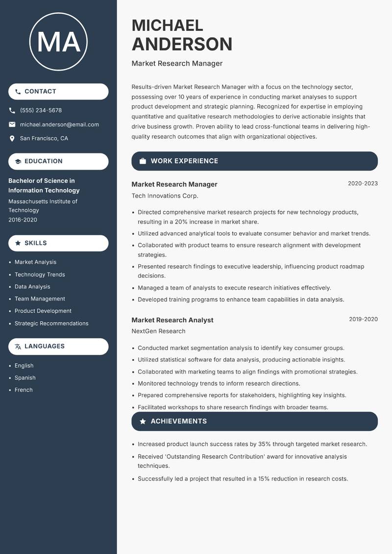 Market Research Manager Resume Preview Example