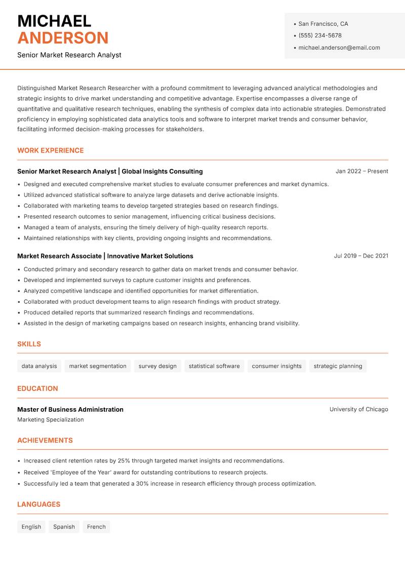 Market Research Researcher Resume Template