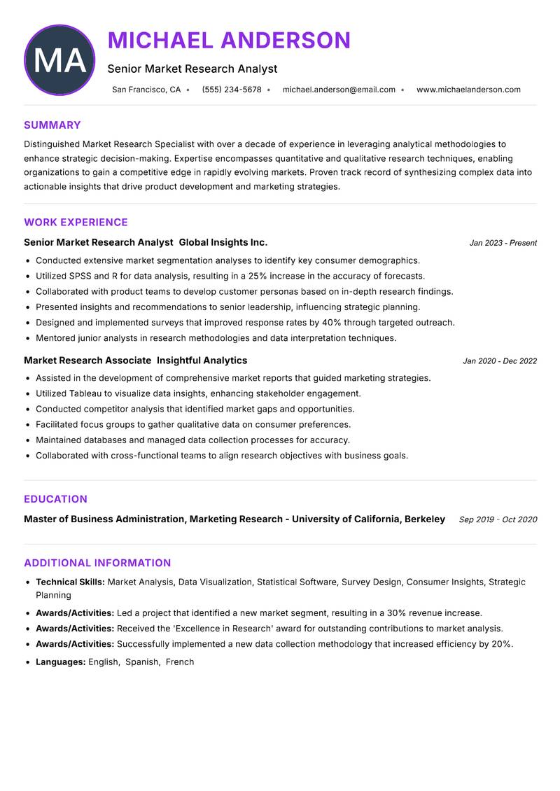 Market Research Specialist Resume Preview Example