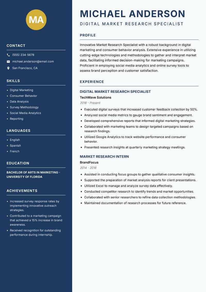 Market Research Specialist Resume Preview Example