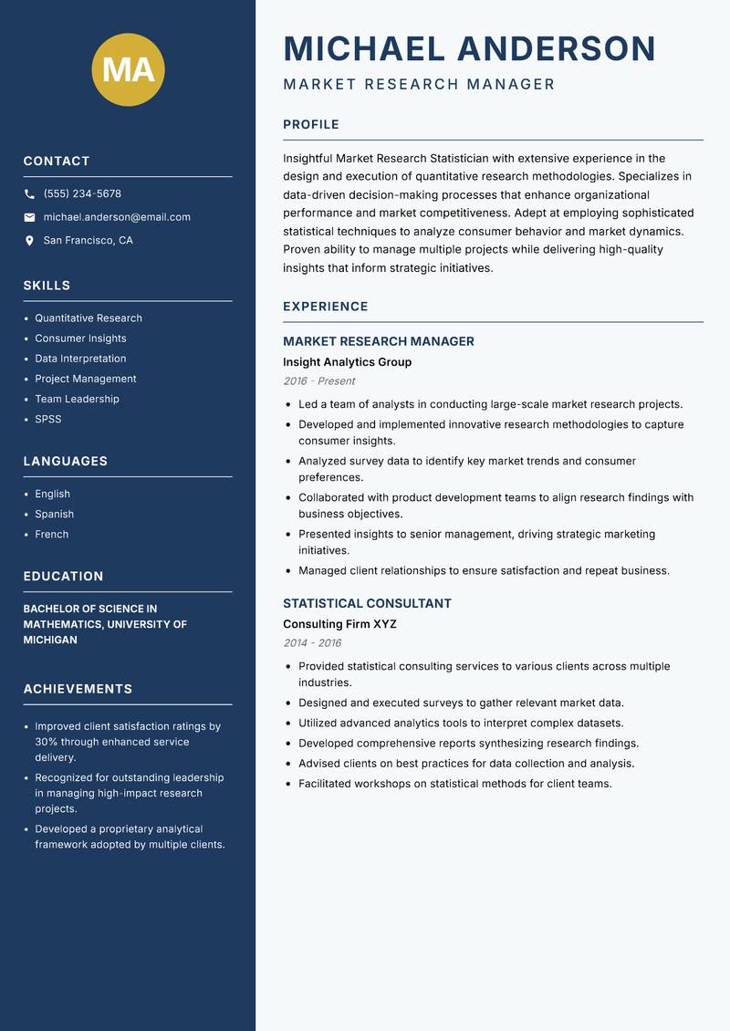 Market Research Statistician Resume Preview Example