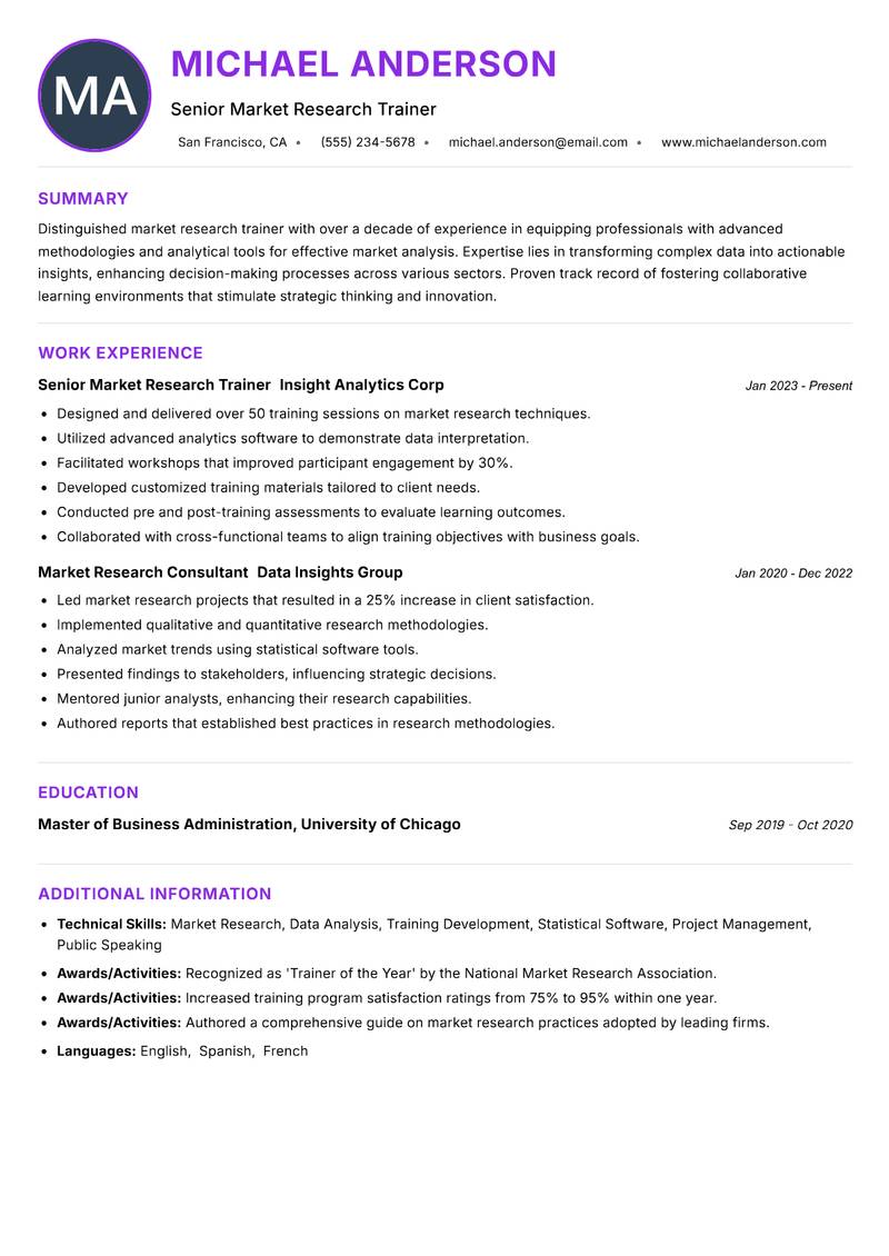 Market Research Trainer Resume Preview Example