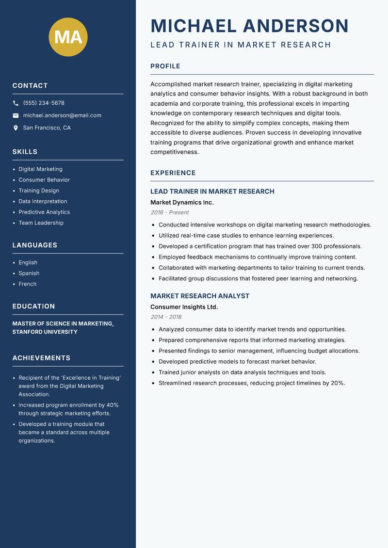 Market Research Trainer Resume Preview Example
