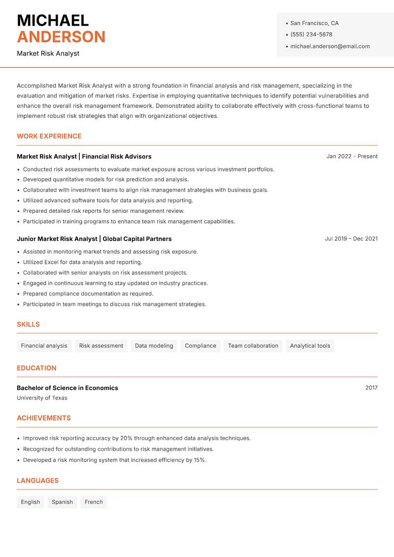 Market Risk Analyst Resume Template