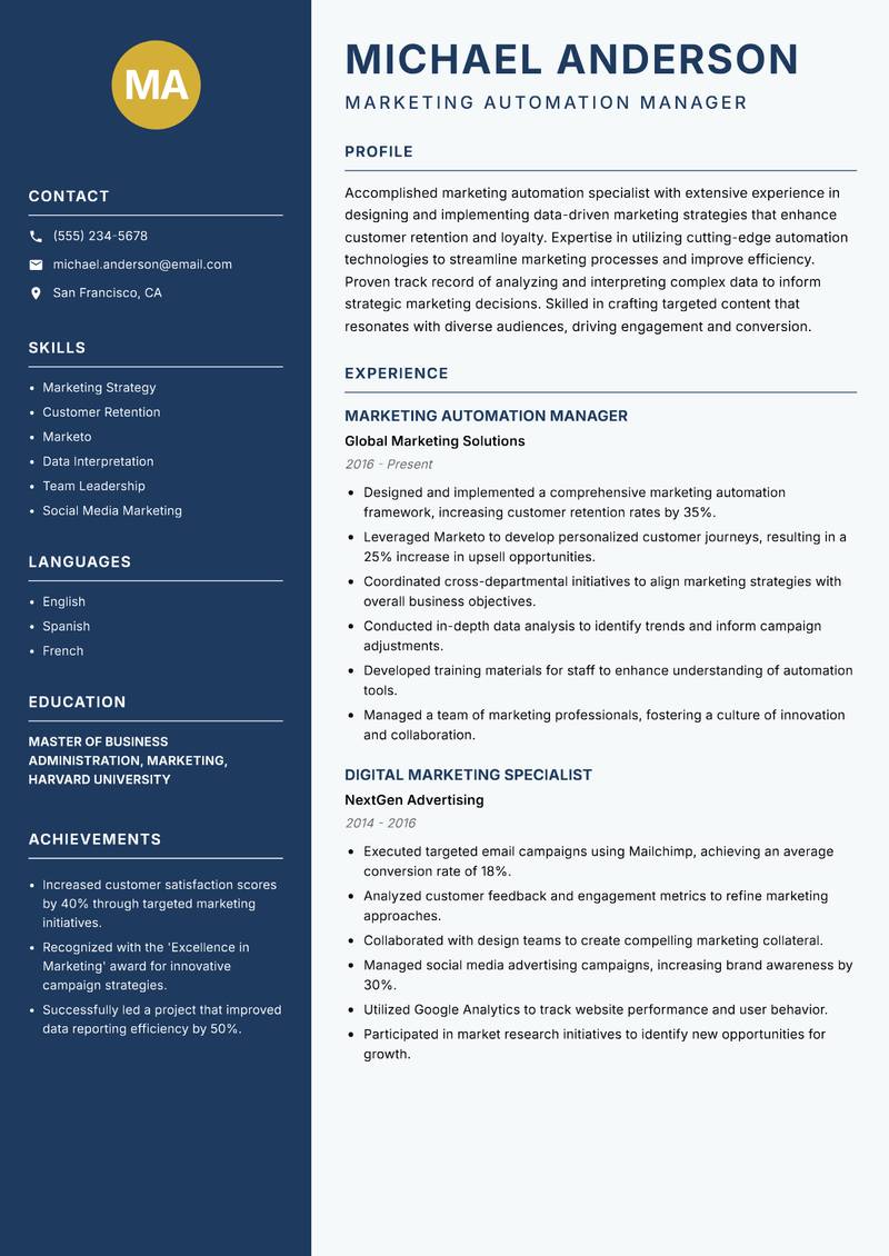 Marketing Automation Specialist Resume Preview Example