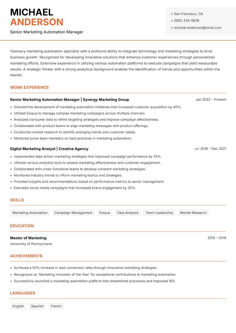Marketing Automation Specialist Resume Template