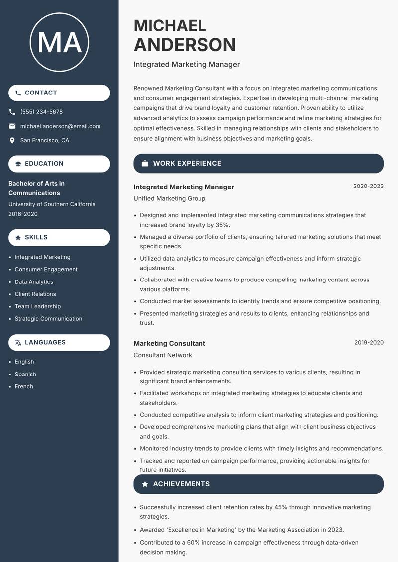 Marketing Consultant Resume Preview Example