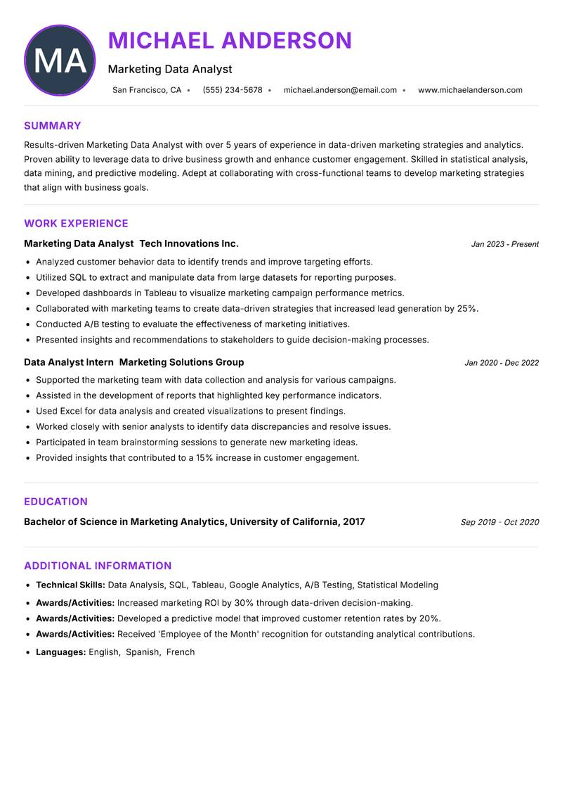 Marketing Data Analyst Resume Preview Example