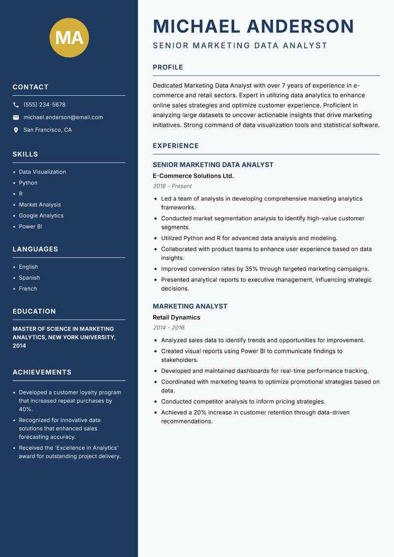 Marketing Data Analyst Resume Preview Example