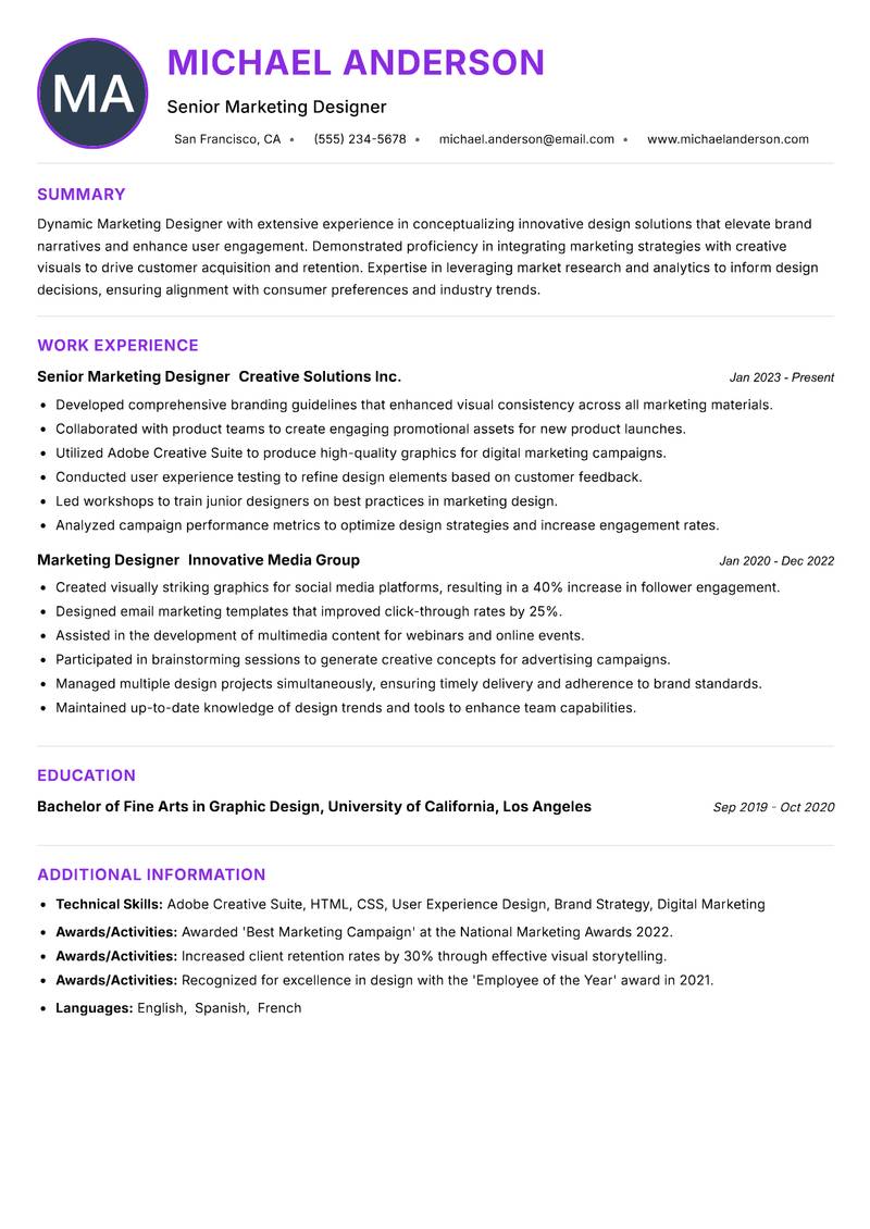 Marketing Designer Resume Preview Example
