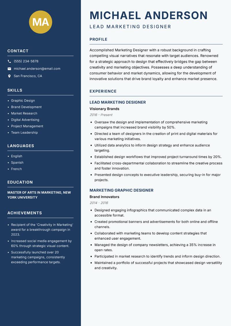Marketing Designer Resume Preview Example