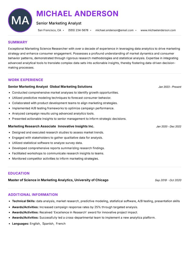 Marketing Science Researcher Resume Preview Example