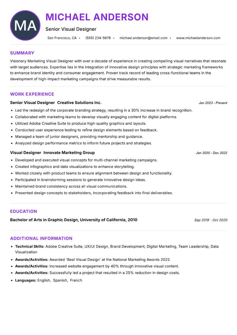 Marketing Visual Designer Resume Preview Example