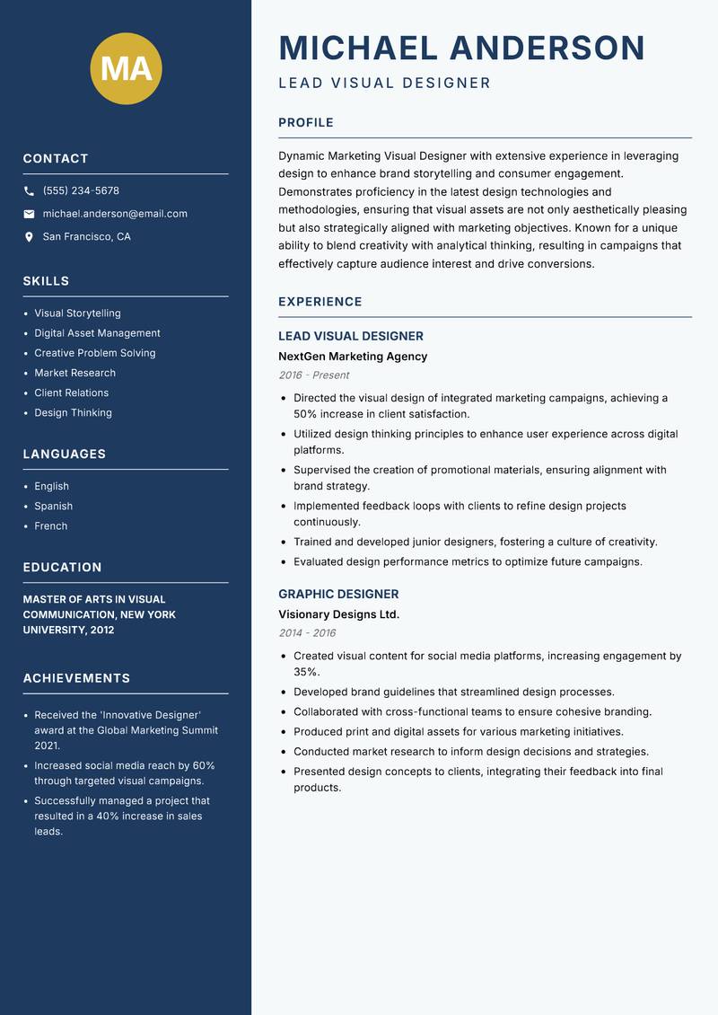 Marketing Visual Designer Resume Preview Example