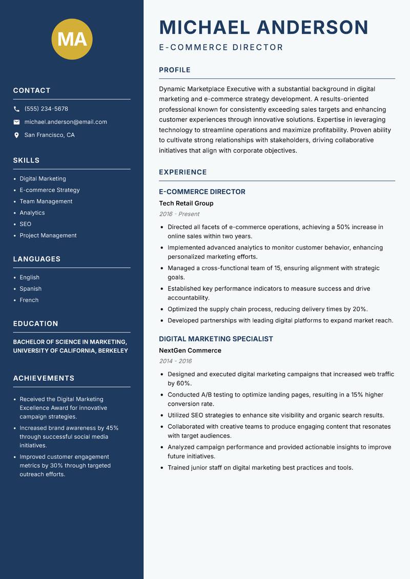 Marketplace Executive Resume Preview Example