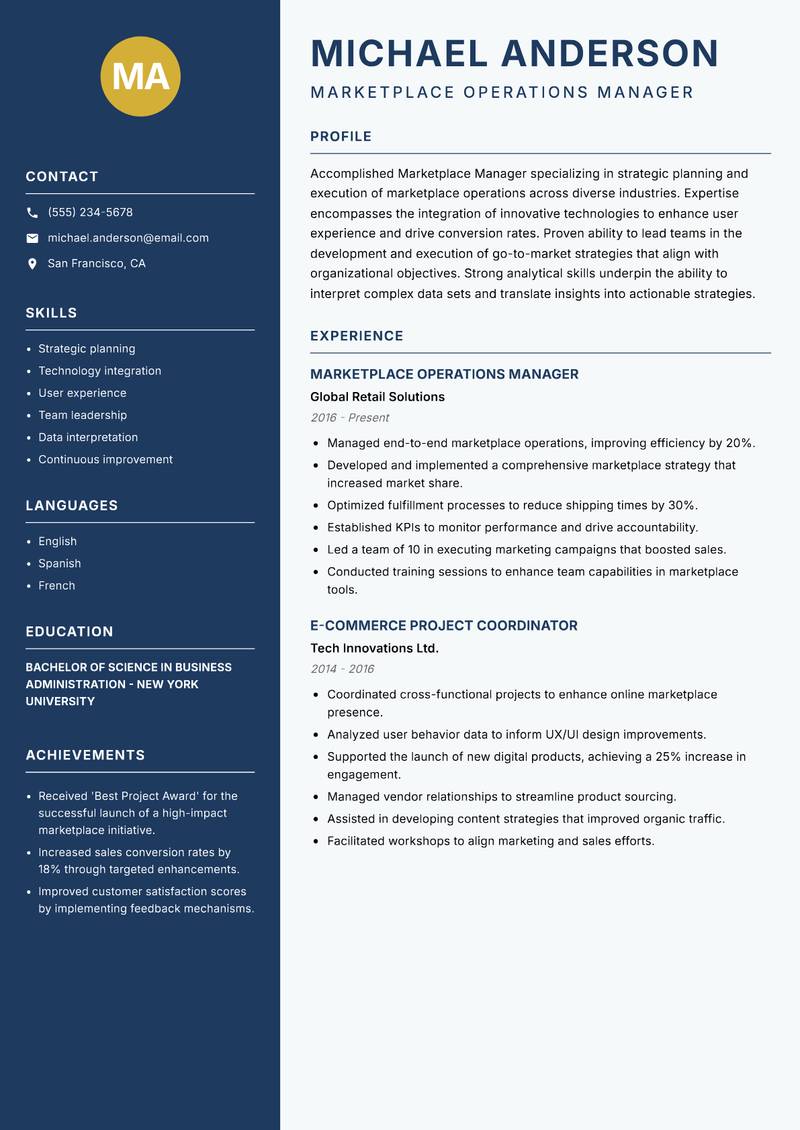 Marketplace Manager Resume Preview Example