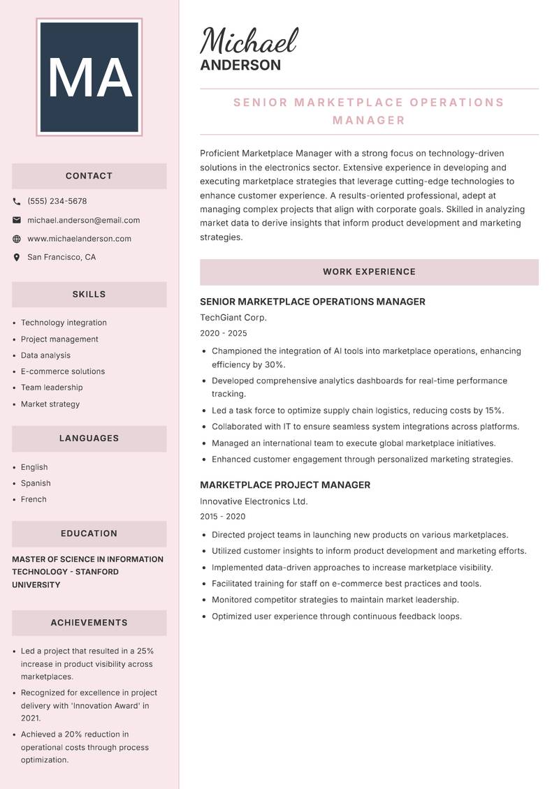 Marketplace Manager Resume Preview Example