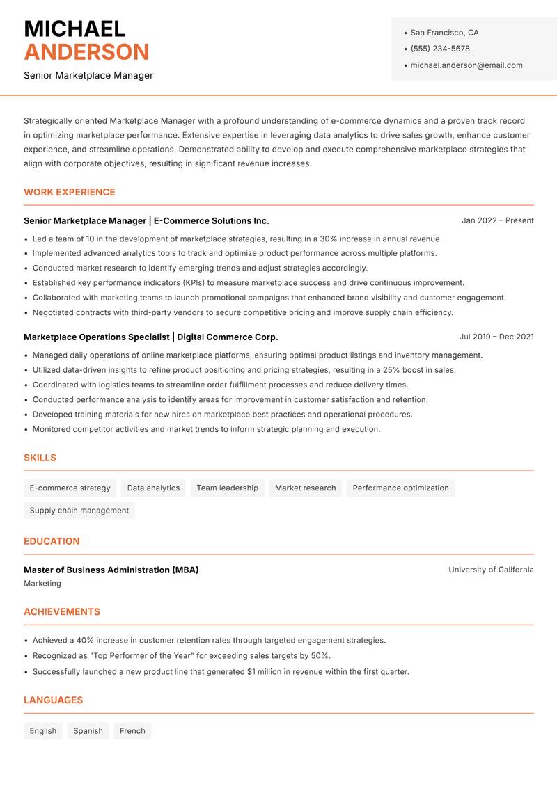 Marketplace Manager Resume Template