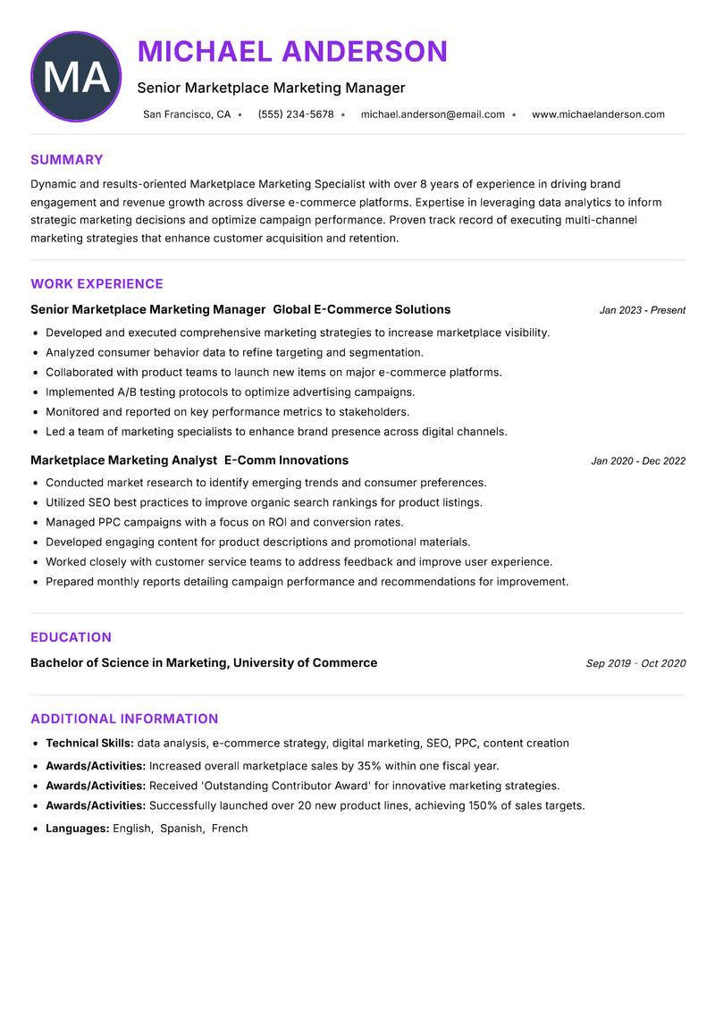 Marketplace Marketing Specialist Resume Preview Example