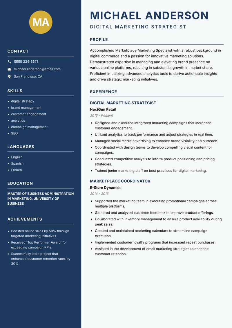 Marketplace Marketing Specialist Resume Preview Example