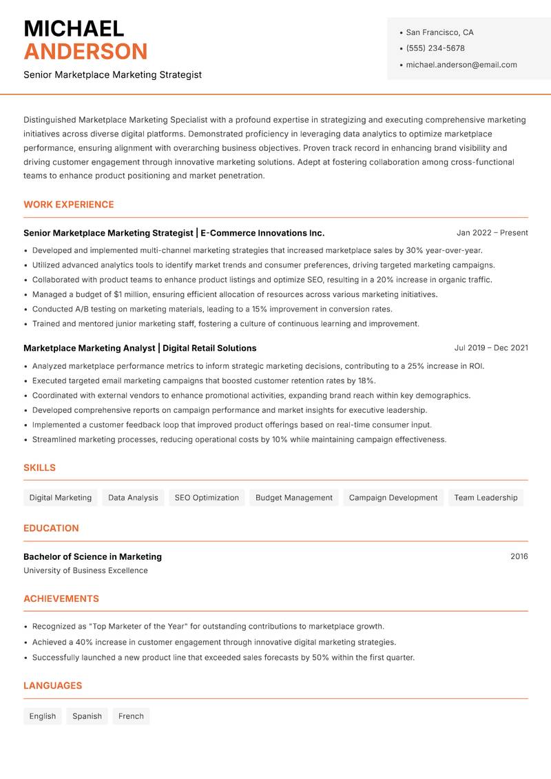 Marketplace Marketing Specialist Resume Template