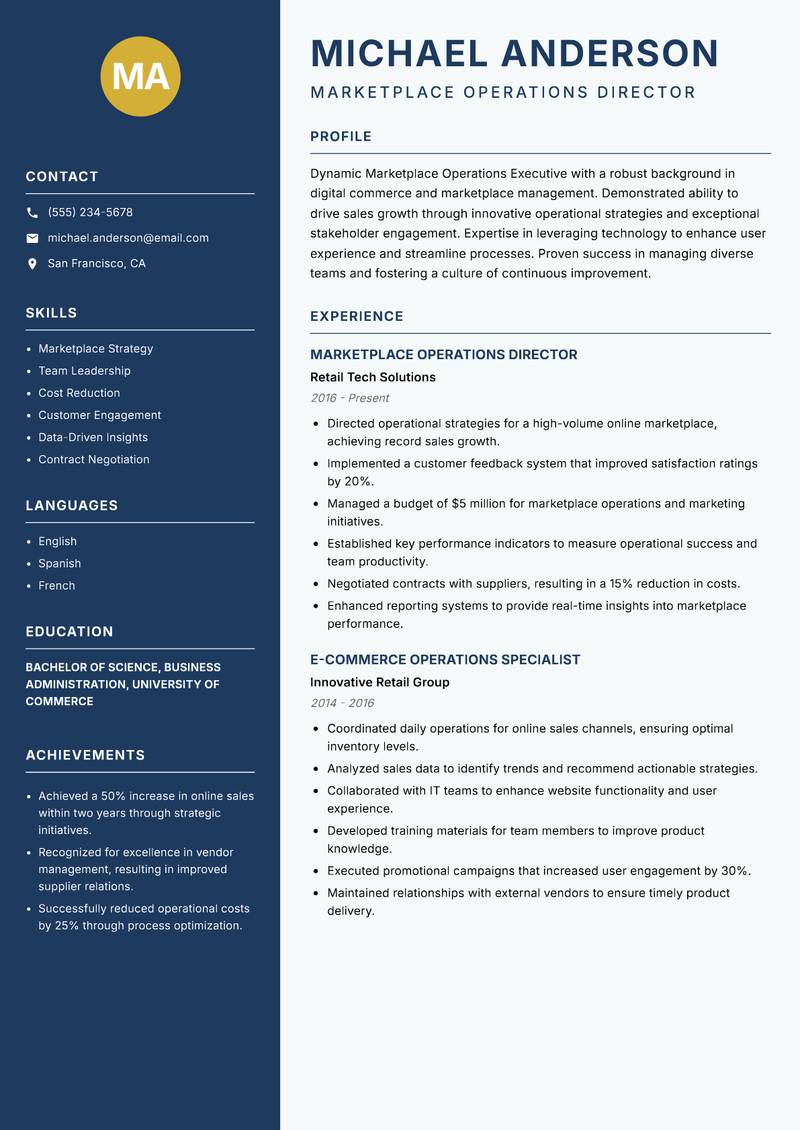 Marketplace Operations Executive Resume Preview Example
