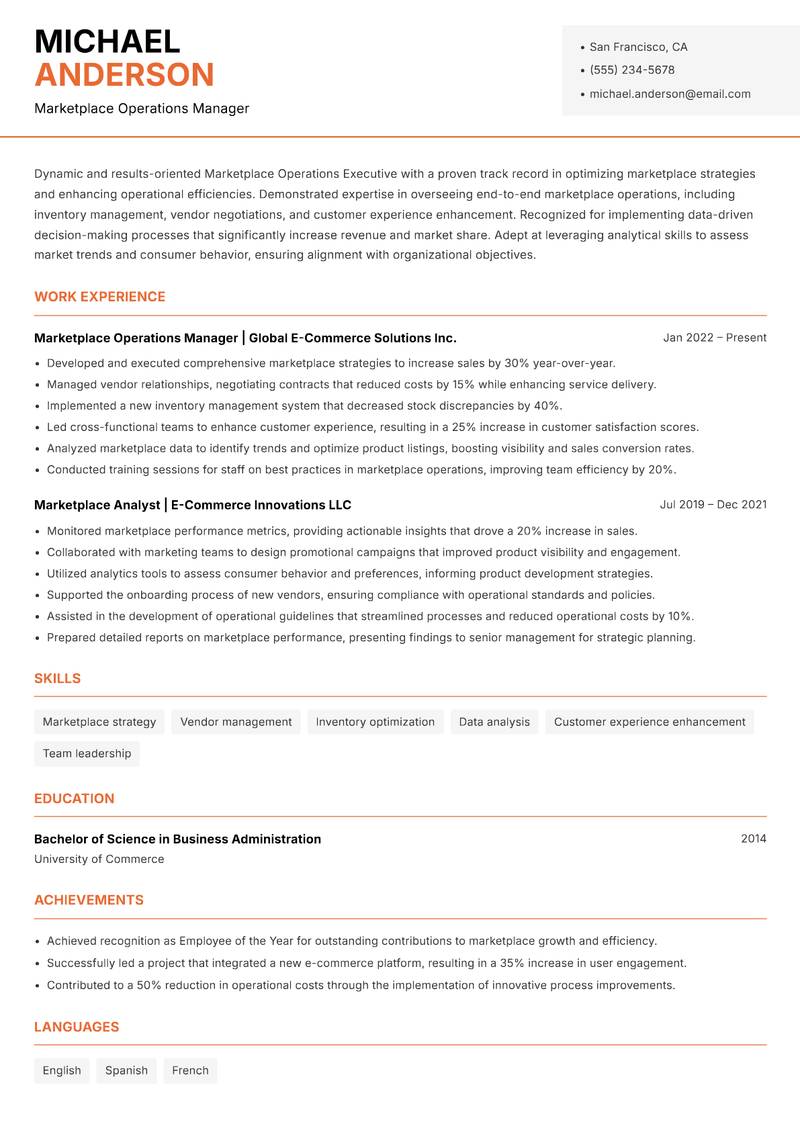 Marketplace Operations Executive Resume Template