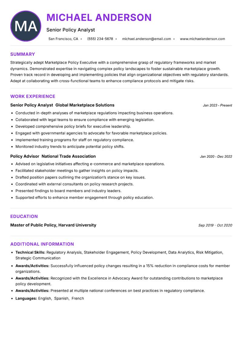 Marketplace Policy Executive Resume Preview Example