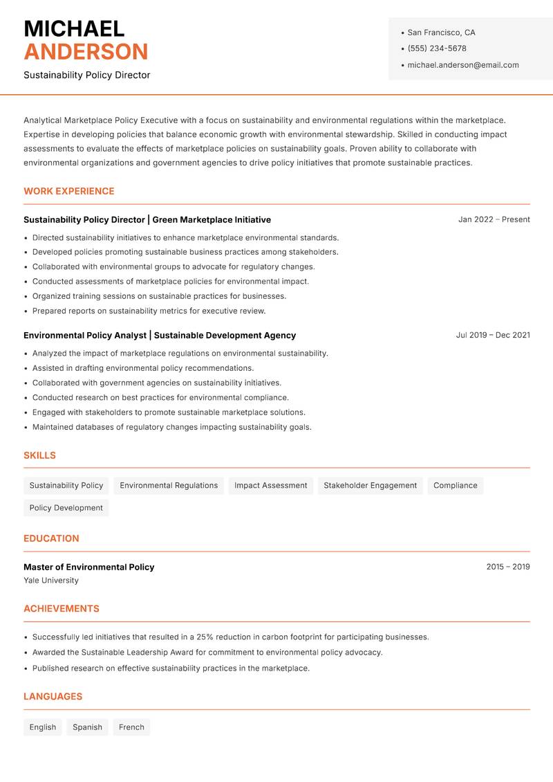 Marketplace Policy Executive Resume Template