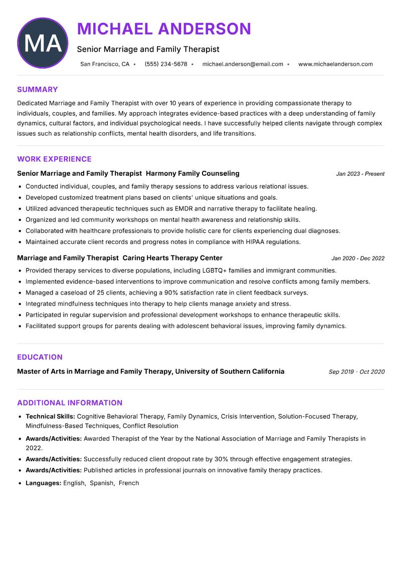 Marriage and Family Therapist Resume Preview Example