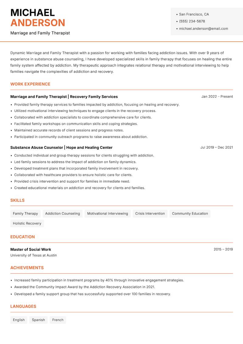 Marriage and Family Therapist Resume Template