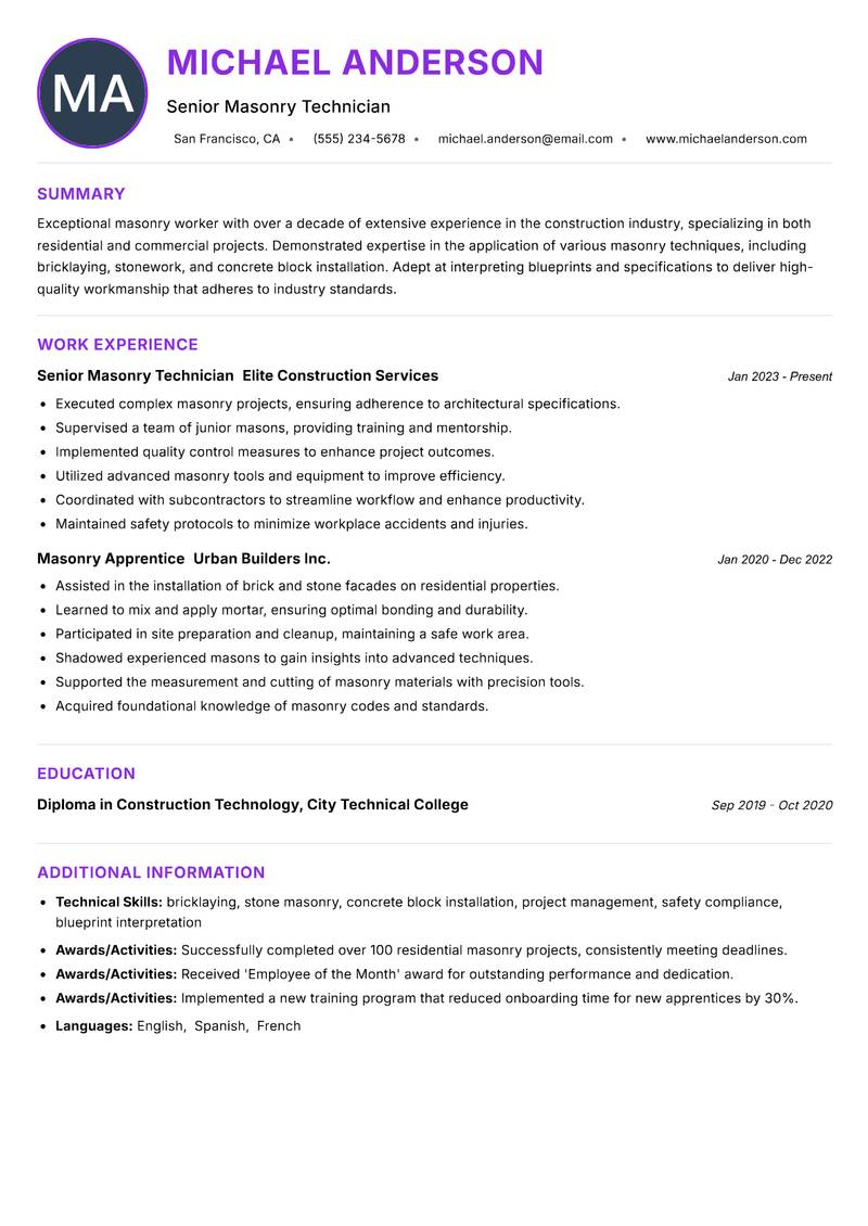 Masonry Worker Resume Preview Example