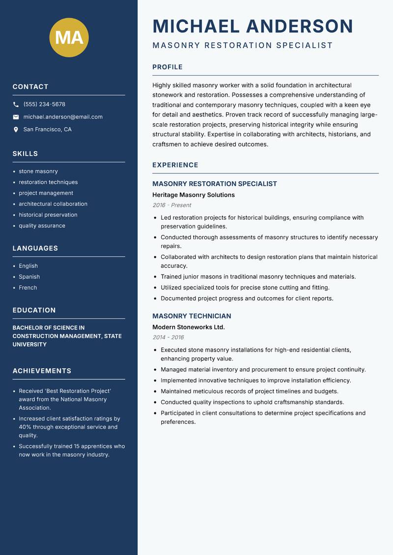 Masonry Worker Resume Preview Example
