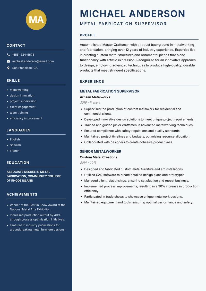 Master Craftsman Resume Preview Example