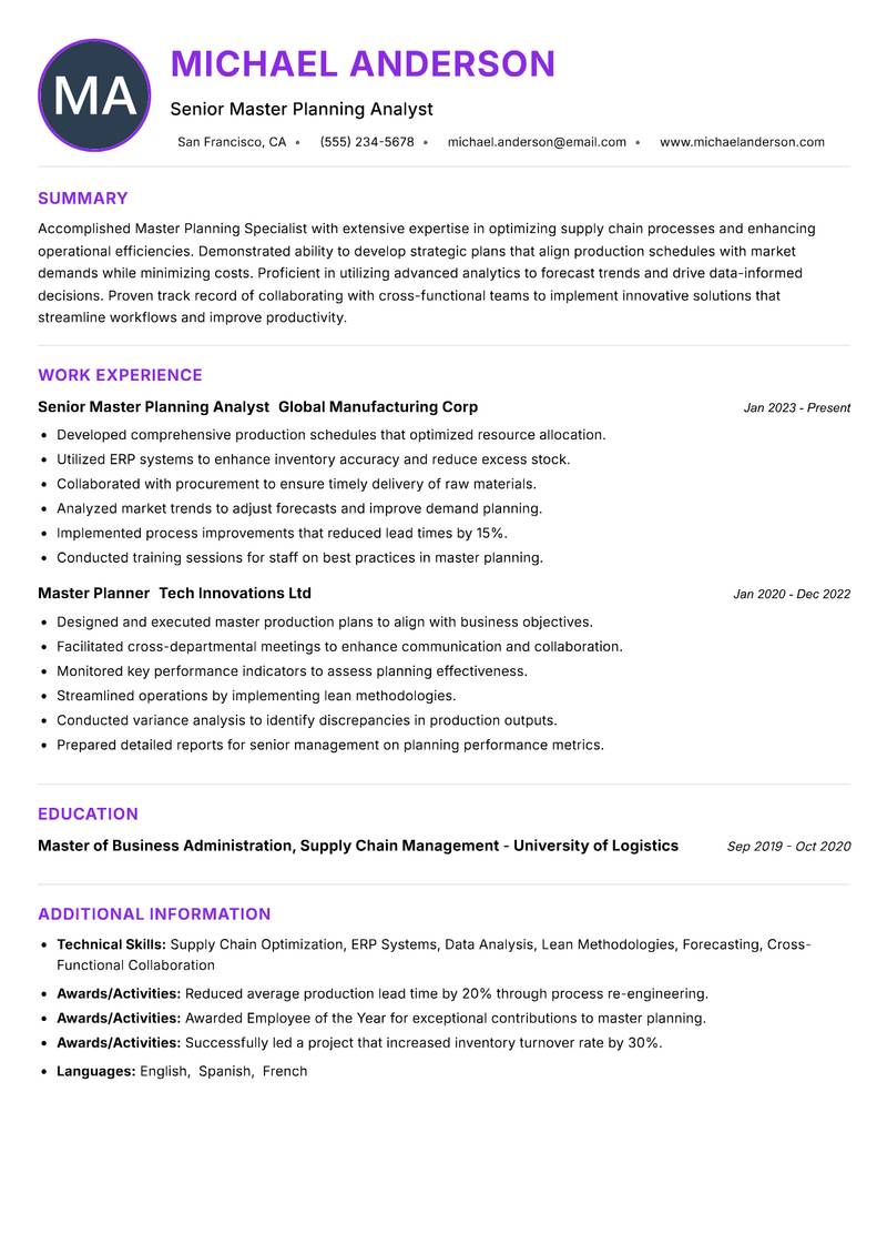 Master Planning Specialist Resume Preview Example