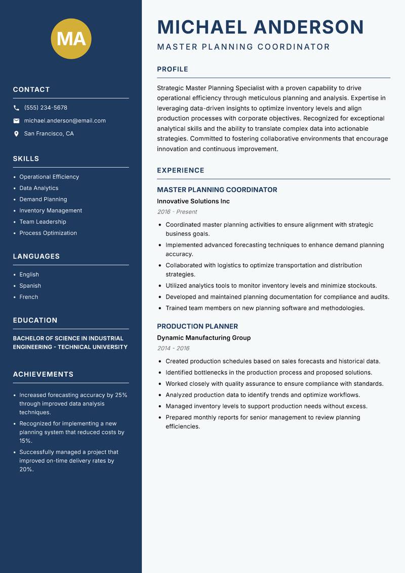 Master Planning Specialist Resume Preview Example