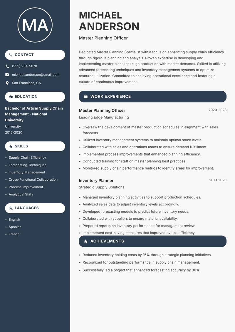 Master Planning Specialist Resume Preview Example