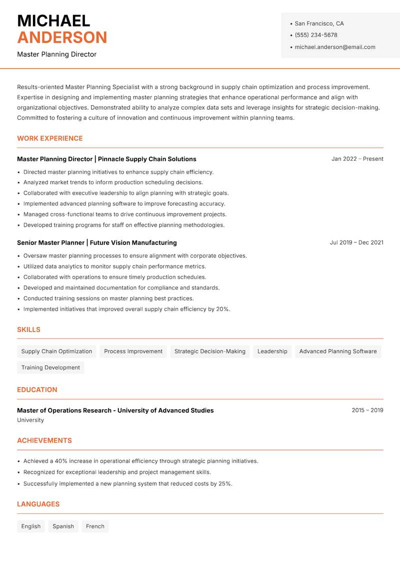 Master Planning Specialist Resume Template