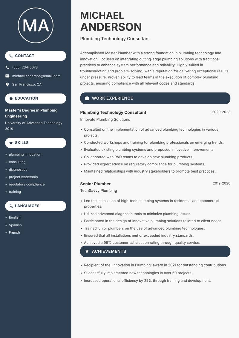 Master Plumber Resume Preview Example