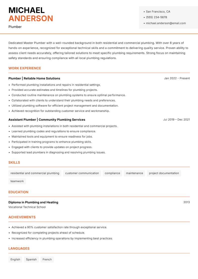 Master Plumber Resume Template