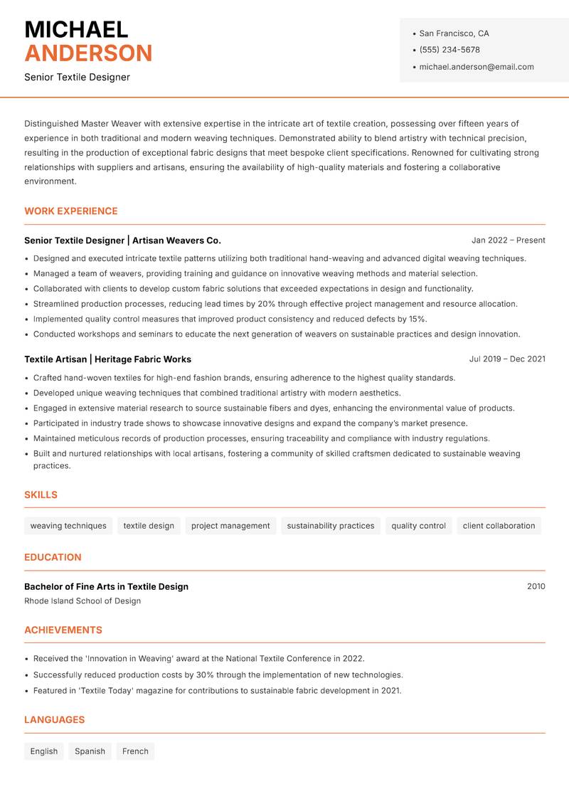 Master Weaver Resume Template