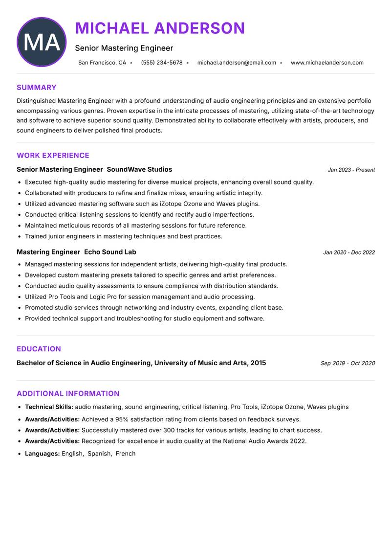 Mastering Engineer Resume Preview Example