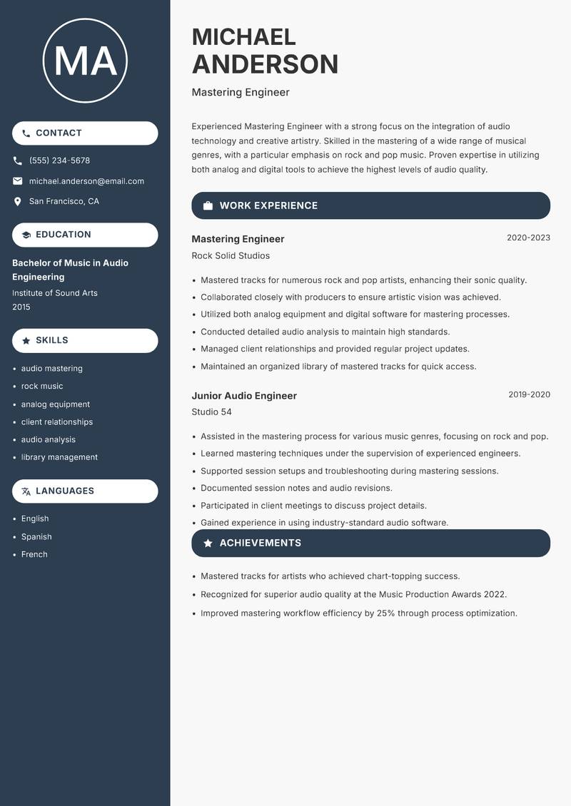 Mastering Engineer Resume Preview Example