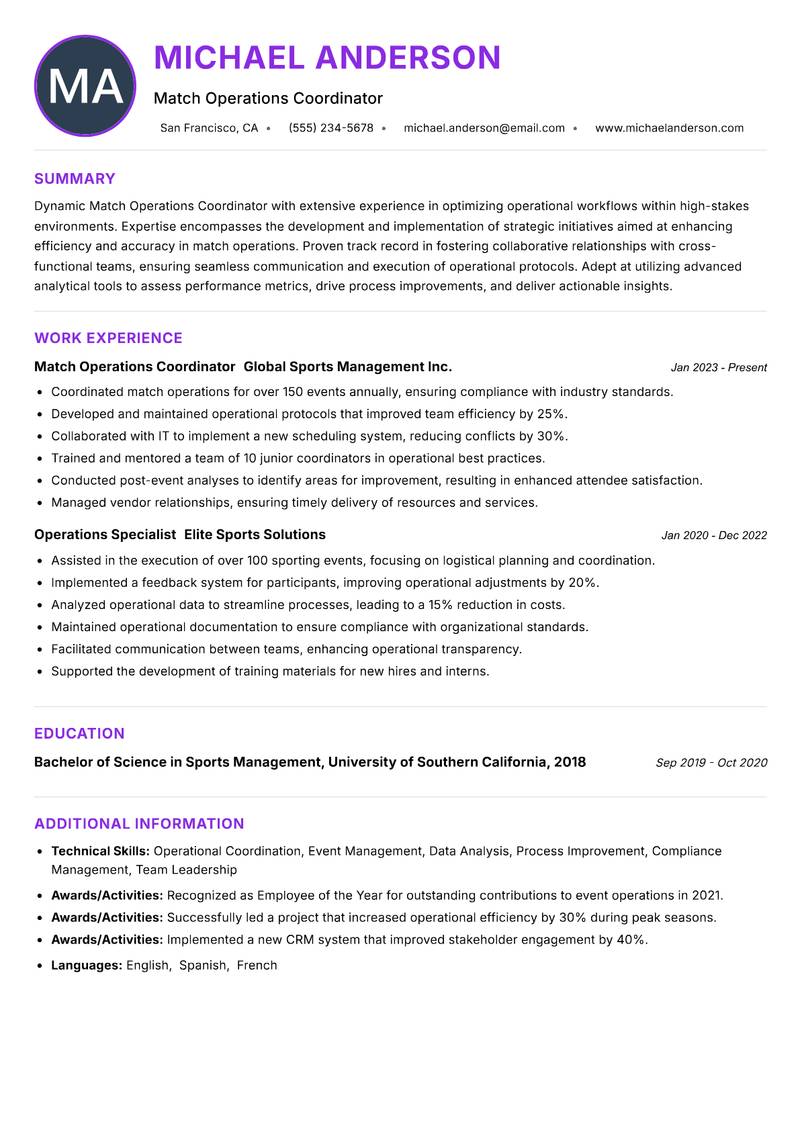 Match Operations Coordinator Resume Preview Example